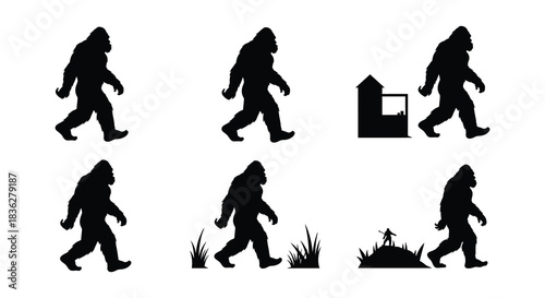 Silhouettes of bigfoot creatures walking in a grid pattern are displayed