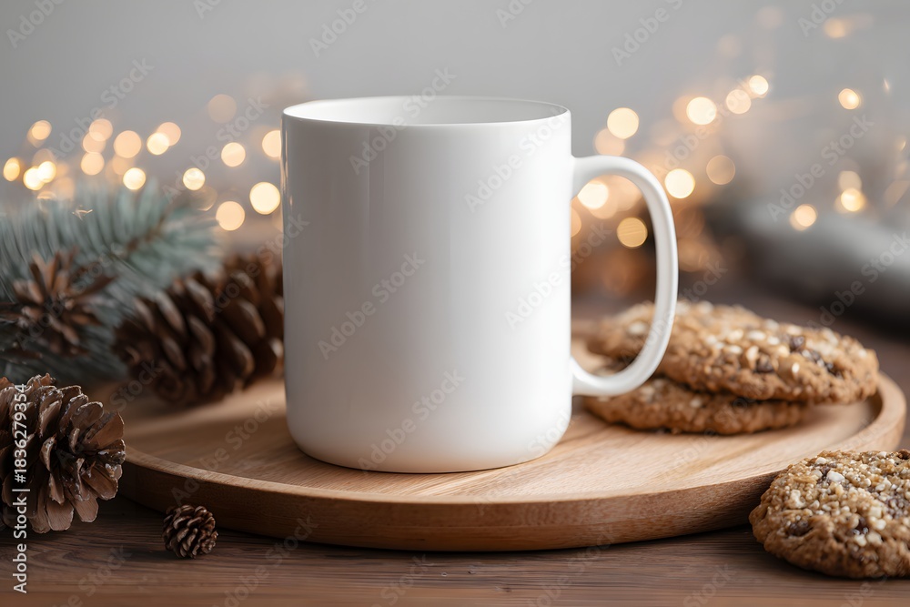 Fototapeta premium Blank white mug mockup in a cozy winter setting. Close-up on a wooden tray with oatmeal cookies, pine cones, and golden bokeh string lights. Ideal for holiday designs.