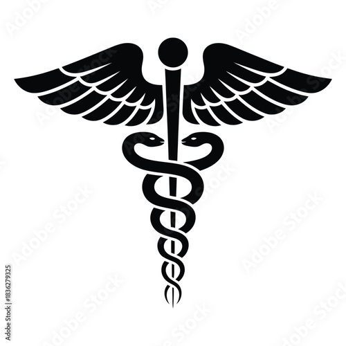 Black vector illustration of caduceus and Asclepius wand featuring snakes wrapped around staffs, designed for healthcare, medical, and traditional healing graphics