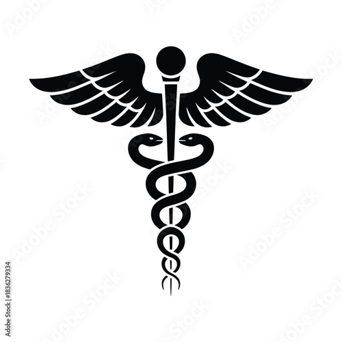 Black vector illustration of caduceus and Asclepius wand featuring snakes wrapped around staffs, designed for healthcare, medical, and traditional healing graphics