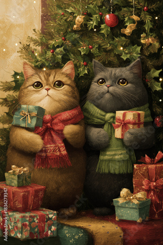 xmas card illustration of two cats with scarf and presents against decorated christmas tree, cute, winter, celebrate, christmas, christian, x-mas, nativity, holiday, copy space, portrait format, photo
