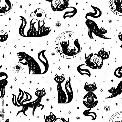 Magic mystic black cats on witchcraft seamless pattern of esoteric witch animal, vector background. Mystic cats pattern in magic ornament with mystery skull and celestial planets in Boho design