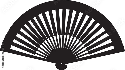 Black silhouette of an open folding fan on a white background