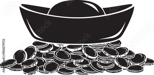 Black and white illustration of a chinese gold ingot on a pile of coins