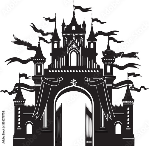 Gothic castle silhouette with waving flags and archway entrance