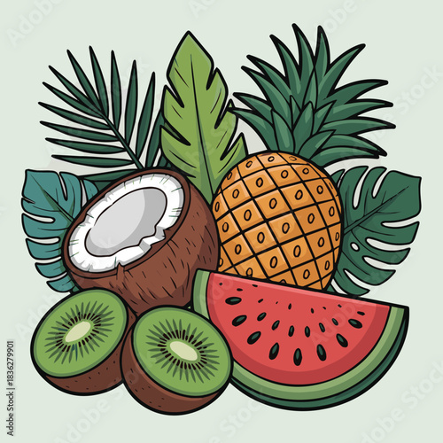  Create a Tropical summer elements clipart set. Summer fruits and graphic elements clip art drawing like palm leaves, pineapple, coconut, kiwi and watermelon collection