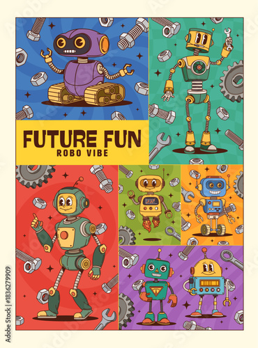 Robot droids hippie groovy characters poster collage. Funny positive robots dance with cool vibes. Retro technology flyer with bolts and nuts, gear tech for kids party and retro game