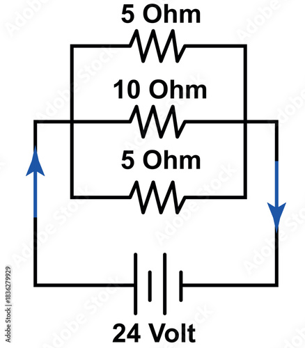 Circuit Diagram With Parallel Resistors 5 Ohm, 10 Ohm, 5 Ohm And A 24 Volt Battery