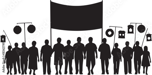 Silhouettes of a diverse group of people holding lanterns and a banner