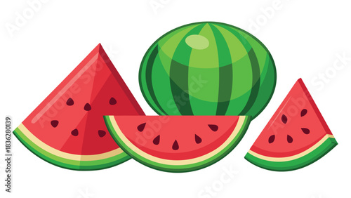 Colorful clipart of a watermelon, showcasing its vibrant green rind and juicy red flesh with black seeds..eps