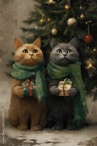 xmas card illustration of two cats with scarf and presents in front of decorated christmas tree, cute, winter, celebrate, christmas, christian, x-mas, noel, nativity, holiday, copy space, portrait for