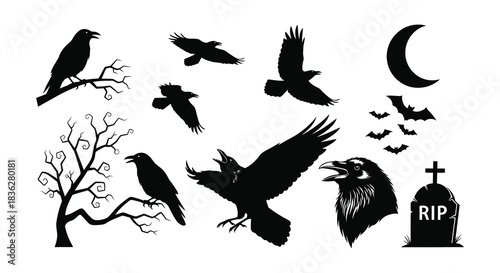 A collection of black raven silhouettes crescent moon and spooky halloween elements