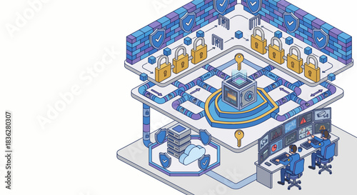 Isometric layered illustration of comprehensive cybersecurity structure, firewalls, and security operations center.