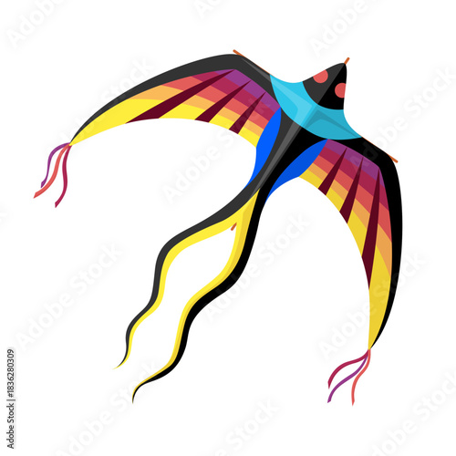 Cartoon paper kite designed as swallow bird with wide rainbow wings and striped tail, black body, fabric streamers and string attachment. Isolated vector kid toy for outdoor fun and festive activities