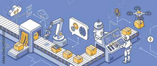 Isometric illustration of a futuristic smart factory with AI robotics and drone logistics.