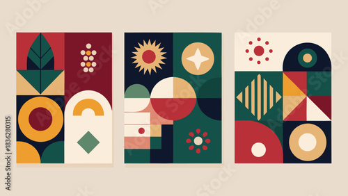 Christmas cards featuring colorful geometric designs in various patterns and shapes..eps