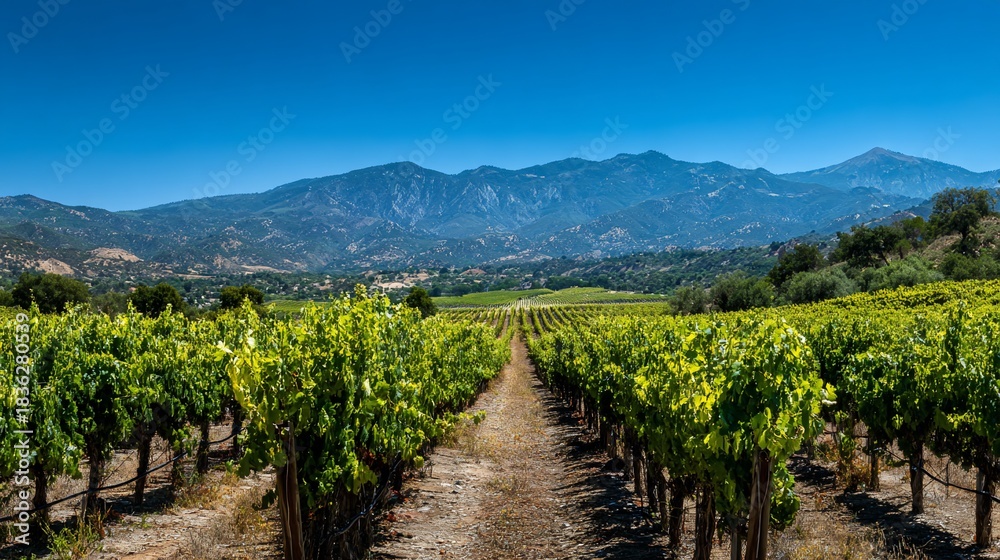 Fototapeta premium Lush vineyard rows stretch toward mountains under a clear blue sky