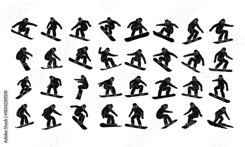 Dynamic snowboarder silhouettes collection for winter sports vector design.