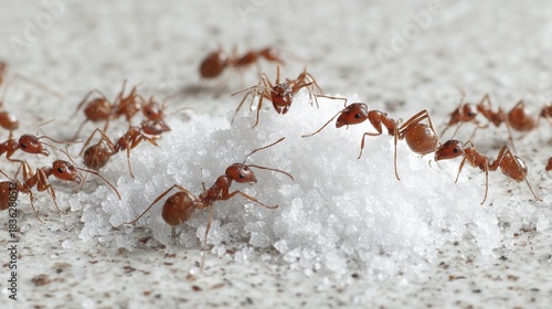 Close up of ants swarming around white granulated sugar spill