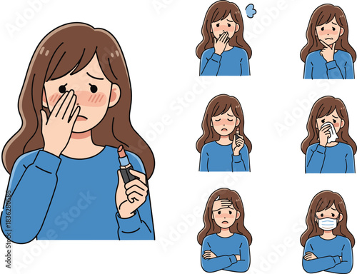 Sad sick woman cartoon character expressing multiple illness symptoms holding lipstick, allergy reaction irritated face sneeze cough cold flu medical health illustration