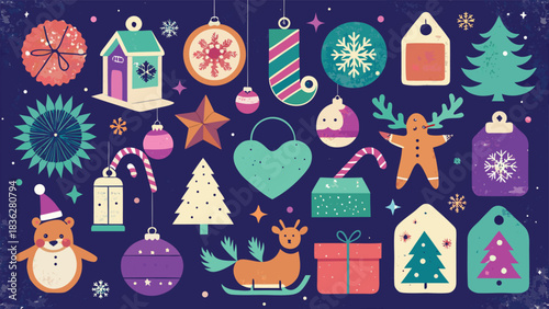 Various Christmas cards and gift tags displayed on a brown surface, featuring holiday-themed illustrations and messages..eps