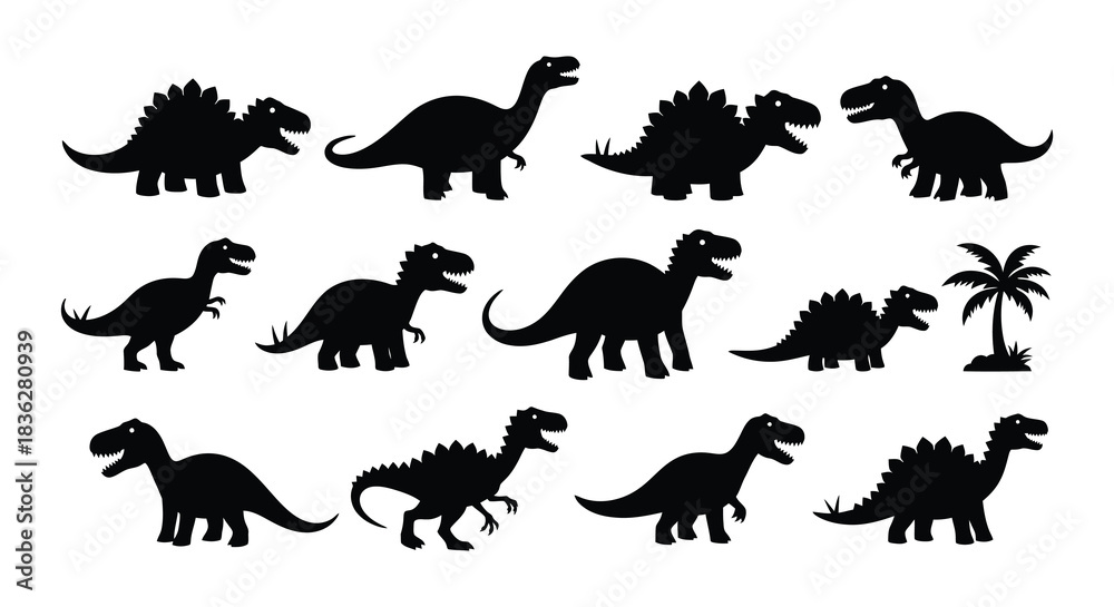 Obraz premium Silhouettes of various dinosaur species in a simple black and white design