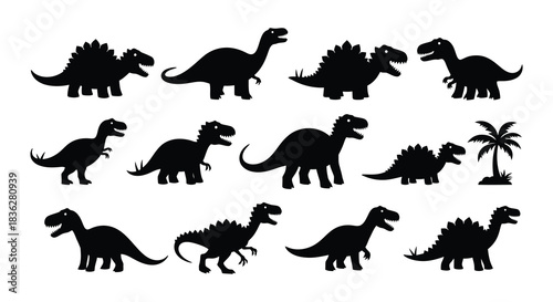 Silhouettes of various dinosaur species in a simple black and white design