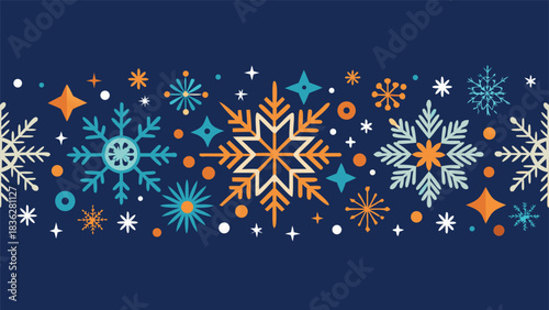 blue background adorned with white snowflakes and stars, creating a serene winter atmosphere..eps