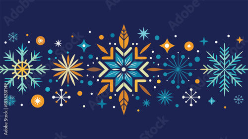 vibrant blue background with scattered snowflakes and stars, illustrating a festive winter scene..eps