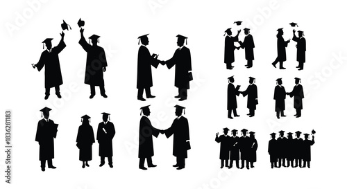 Silhouettes of graduating students celebrating their achievement with caps and gowns