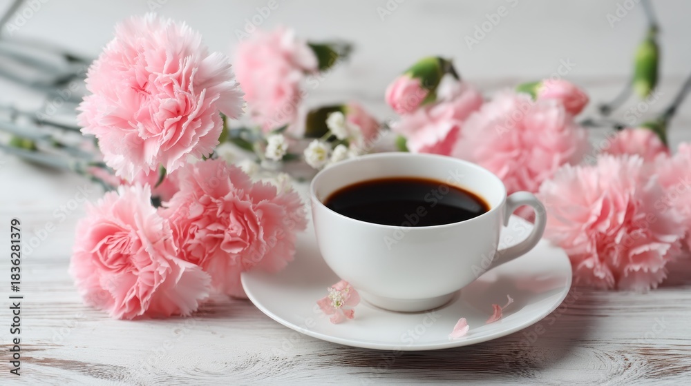 Fototapeta premium A white ceramic cup filled with black coffee, placed on a white saucer, with pink carnations and greenery in the background.