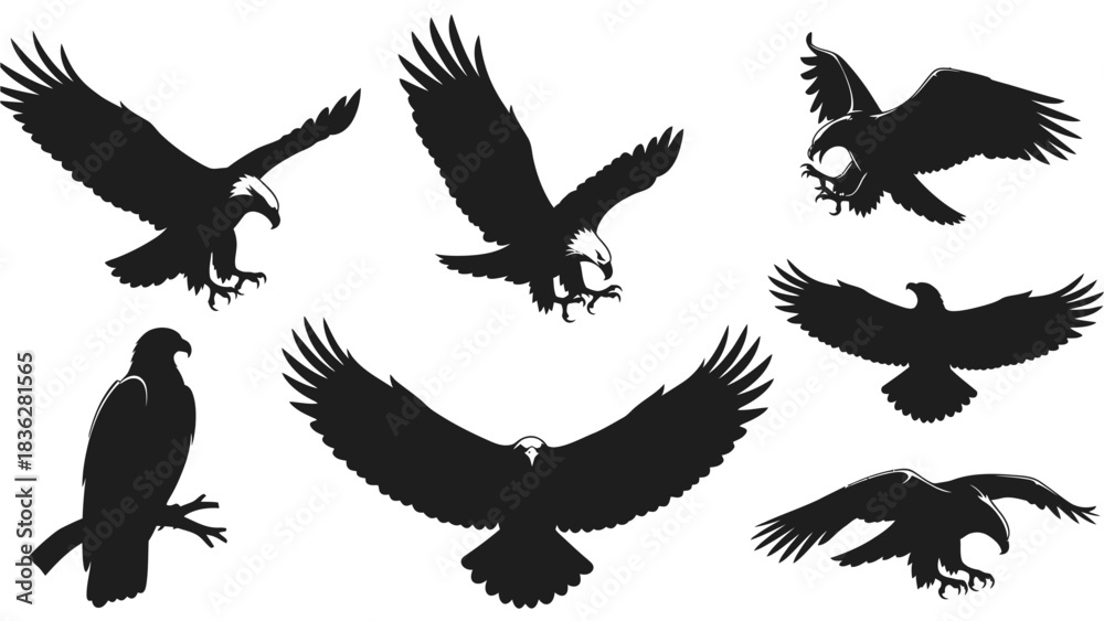 Obraz premium Collection of black eagle silhouettes in various flying and perched poses, vector illustration set of a majestic bird of prey on a white background