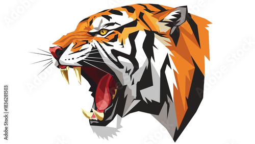 Aggressive Tiger Head Roaring with Open Mouth and Sharp Teeth, Fierce Animal Illustration