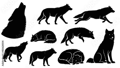 Collection of black wolf silhouettes in various poses on a white background.