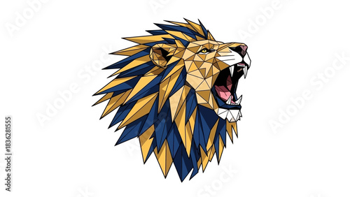Stylized polygonal roaring lion head illustration in a bold blue and gold color scheme. A modern, abstract vector graphic representing power and strength