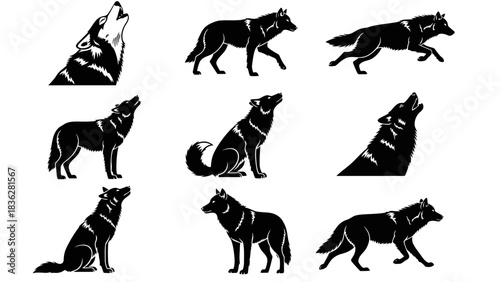 Set of nine stylized black and white wolf illustrations in various dynamic poses like howling, running, and sitting, perfect for logos or emblems