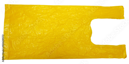 Wrinkled Yellow garbage bag isolated on a transparent background. Real High-Density Polyethylene plastic bag. HDPE shopper, plastic waste and pollution.