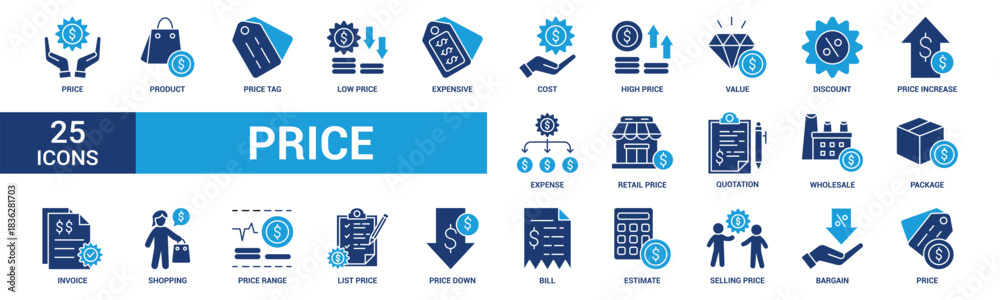 Fototapeta premium Price icon set. Containing product, price tag, cost, quotation, invoice, estimate, discount and more. Solid vector icons collection.