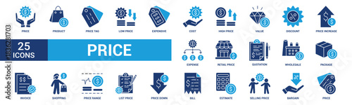 Price icon set. Containing product, price tag, cost, quotation, invoice, estimate, discount and more. Solid vector icons collection.