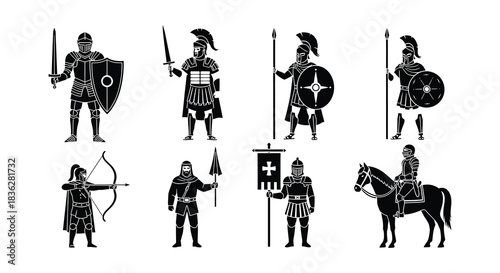 Ancient warriors and medieval soldiers in black and white silhouette style