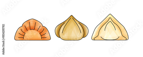 Three different stylized asian dumpling shapes watercolor effect
