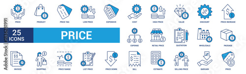 Price icon set. Containing product, price tag, cost, quotation, invoice, estimate, discount and more. Blue vector icons collection.