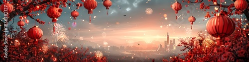 Panoramic red lanterns illuminating a festive spring festival celebration