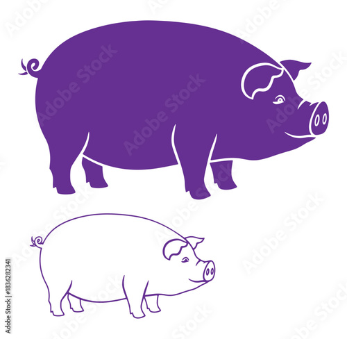 Two silhouetted pigs isolated on white background for farm or agriculture themed designs