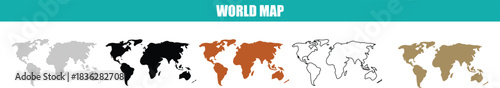 Variety of world maps in different styles and colors showcasing geography