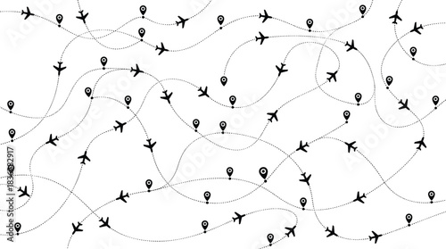 Aerial airplane routes seamless pattern with dotted flight paths, travel location pins, aviation background, global journey illustration, transportation network concept for tourism and navigation