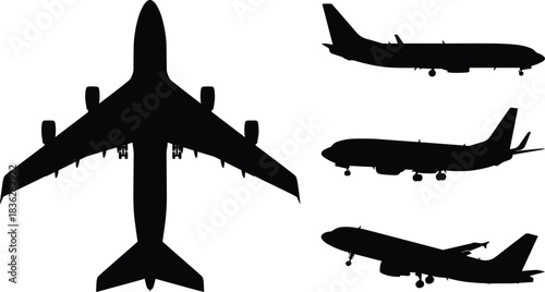 Airplane silhouette collection with multiple aircraft views, detailed jet outlines, aviation shapes for design, flight transportation graphic elements, isolated black airplane silhouettes, 