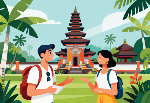 Vector illustration depicts two tourists in front of an intricate temple. Tropical plants surround the scene