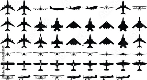 Airplane silhouettes collection featuring commercial jets, military aircraft, fighter jets, stealth bombers, vintage planes, aviation icons, aircraft front views, transportation graphics, 