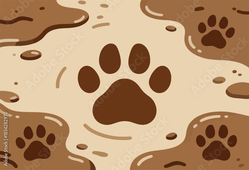 A brown and tan illustration with paw prints and abstract shapes. Four paw prints are spaced